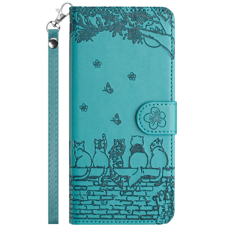 For Xiaomi Redmi Note 14 5G Case with Wrist Strap Leather Phone Cover Wall Cats Pattern - Blue