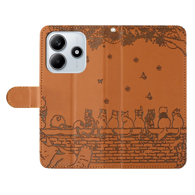For Xiaomi Redmi Note 14 5G Case with Wrist Strap Leather Phone Cover Wall Cats Pattern - Brown