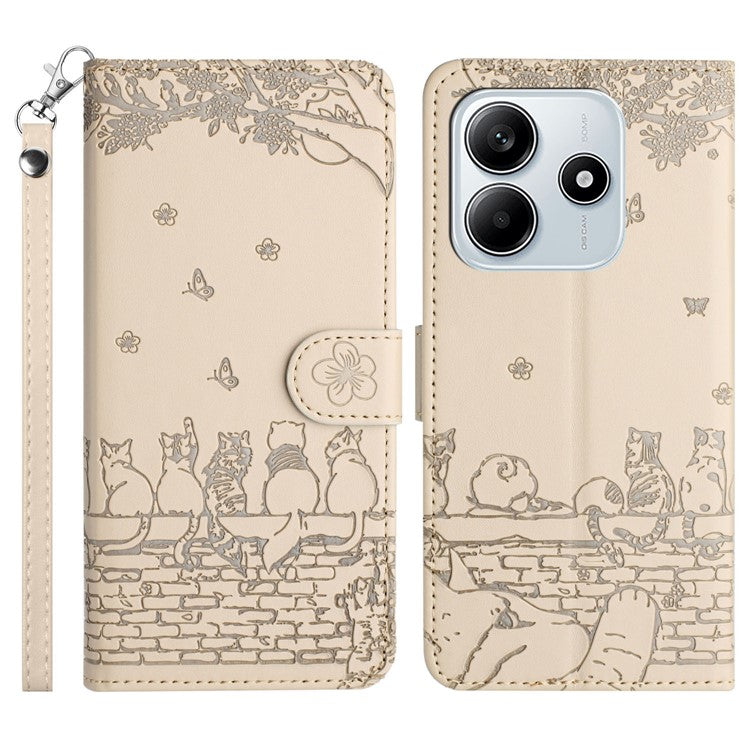 For Xiaomi Redmi Note 14 5G Case with Wrist Strap Leather Phone Cover Wall Cats Pattern - Apricot