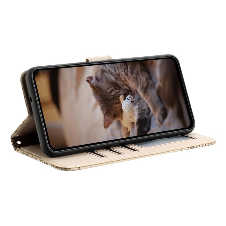 For Xiaomi Redmi Note 14 5G Case with Wrist Strap Leather Phone Cover Wall Cats Pattern - Apricot