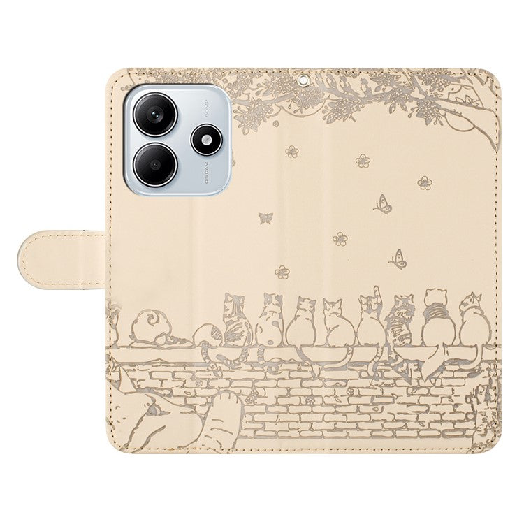 For Xiaomi Redmi Note 14 5G Case with Wrist Strap Leather Phone Cover Wall Cats Pattern - Apricot