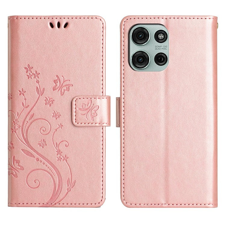 For Motorola Moto G75 5G Case PU Leather Phone Wallet Cover with Strap - Rose Gold