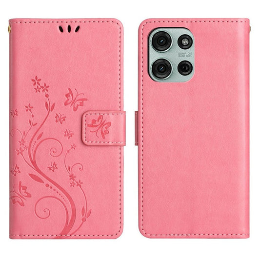 For Motorola Moto G75 5G Case PU Leather Phone Wallet Cover with Strap - Pink
