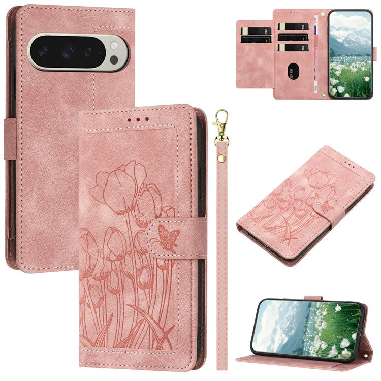 For Google Pixel 9 Pro XL Case Tulip Leather Phone Cover with 5 Card Slots Wallet - Pink