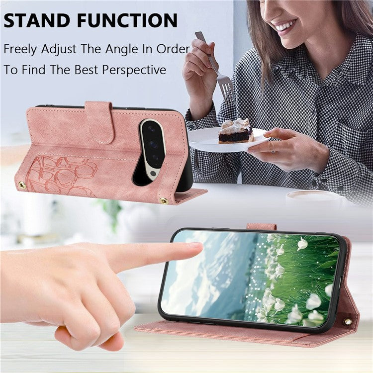 For Google Pixel 9 Pro XL Case Tulip Leather Phone Cover with 5 Card Slots Wallet - Pink