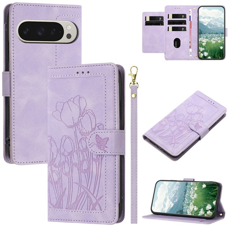 For Google Pixel 9 Pro XL Case Tulip Leather Phone Cover with 5 Card Slots Wallet - Purple