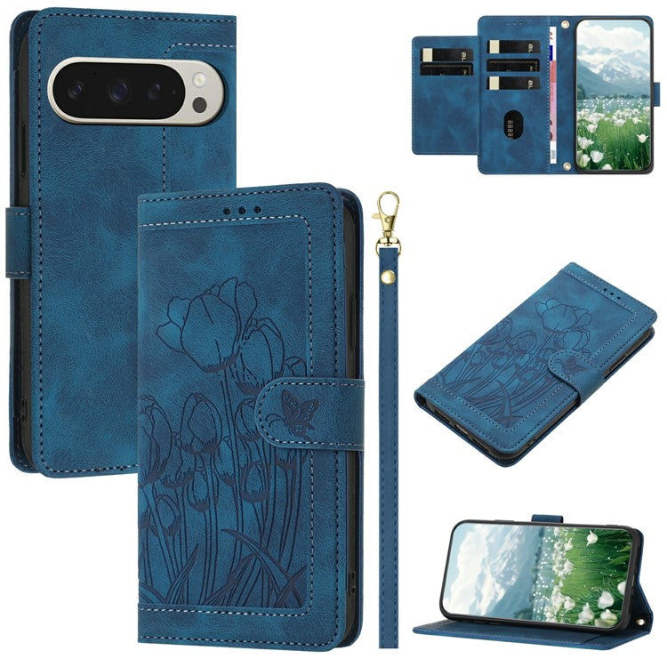 For Google Pixel 9 Pro XL Case Tulip Leather Phone Cover with 5 Card Slots Wallet - Blue