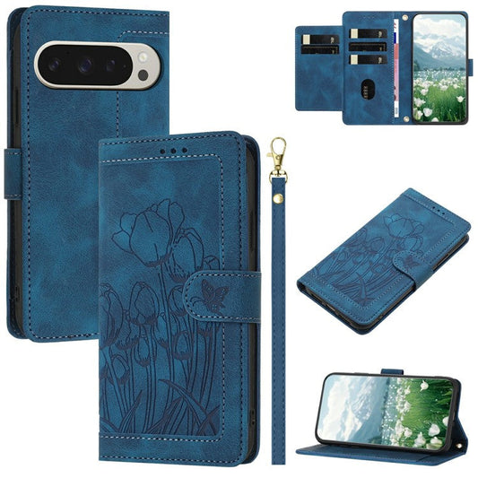 For Google Pixel 9 Pro XL Case Tulip Leather Phone Cover with 5 Card Slots Wallet - Blue