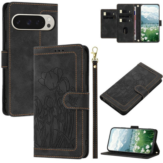 For Google Pixel 9 Pro XL Case Tulip Leather Phone Cover with 5 Card Slots Wallet - Black