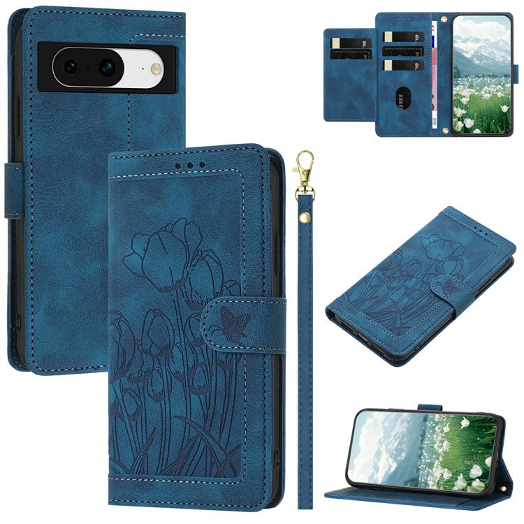 For Google Pixel 8a Case Tulip Leather Phone Cover with 5 Card Slots Wallet - Blue