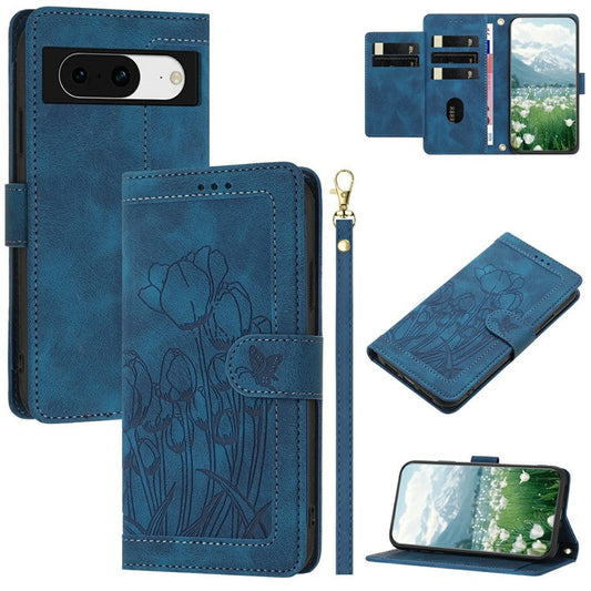 For Google Pixel 8a Case Tulip Leather Phone Cover with 5 Card Slots Wallet - Blue