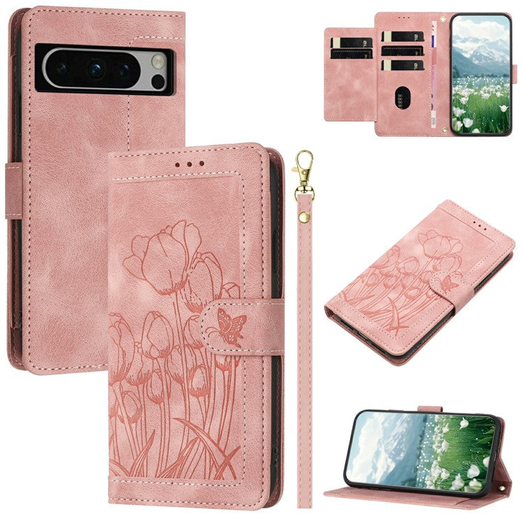 For Google Pixel 8 Pro Case Tulip Leather Phone Cover with 5 Card Slots Wallet - Pink