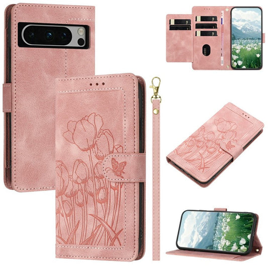 For Google Pixel 8 Pro Case Tulip Leather Phone Cover with 5 Card Slots Wallet - Pink