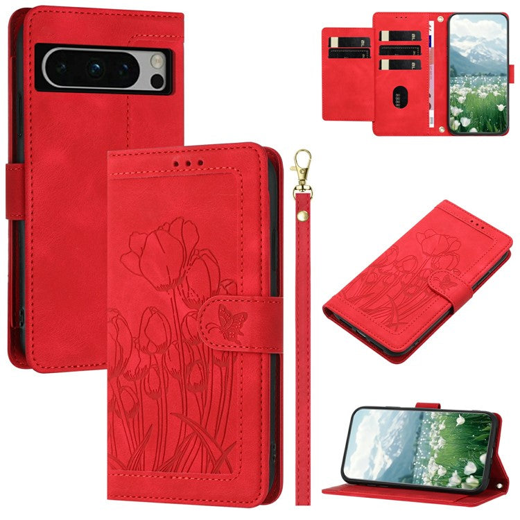 For Google Pixel 8 Pro Case Tulip Leather Phone Cover with 5 Card Slots Wallet - Red
