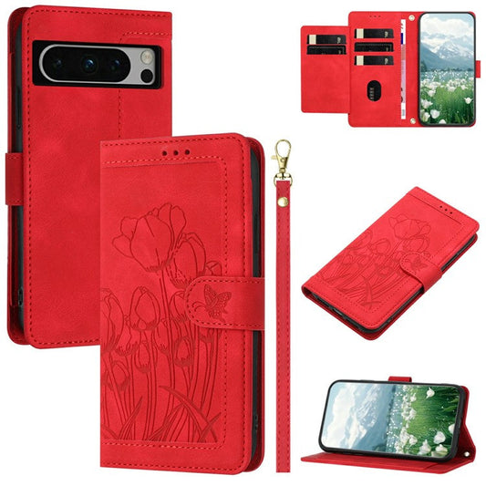 For Google Pixel 8 Pro Case Tulip Leather Phone Cover with 5 Card Slots Wallet - Red