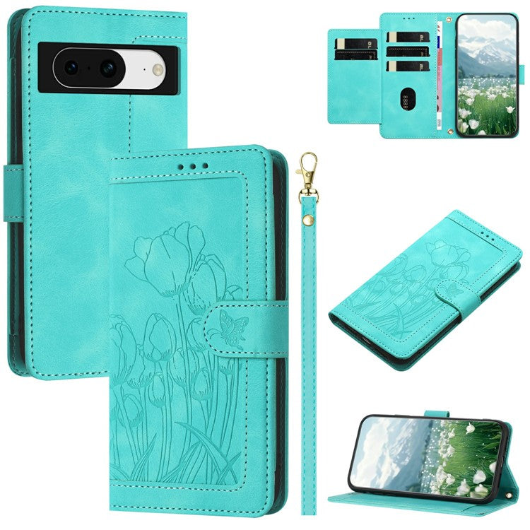 For Google Pixel 8 Case Tulip Leather Phone Cover with 5 Card Slots Wallet - Green