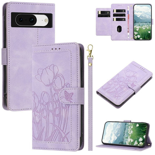 For Google Pixel 8 Case Tulip Leather Phone Cover with 5 Card Slots Wallet - Purple