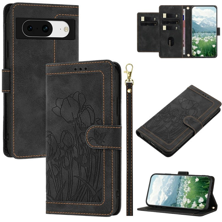 For Google Pixel 8 Case Tulip Leather Phone Cover with 5 Card Slots Wallet - Black