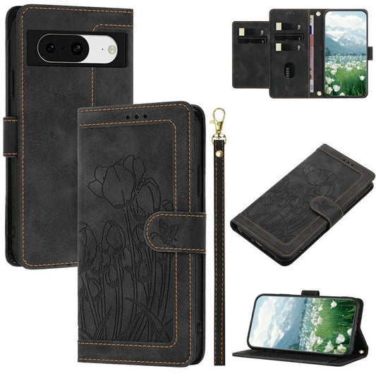 For Google Pixel 8 Case Tulip Leather Phone Cover with 5 Card Slots Wallet - Black