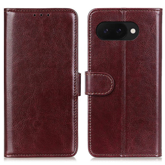 For Google Pixel 9a Case Crazy Horse Texture PU Leather Phone Stand Cover - Brown