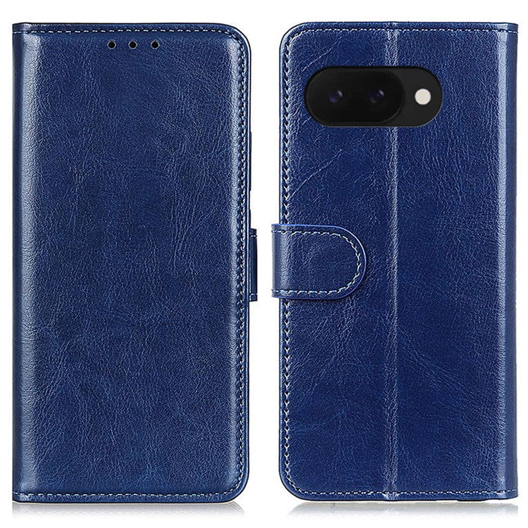 For Google Pixel 9a Case Crazy Horse Texture PU Leather Phone Stand Cover - Blue