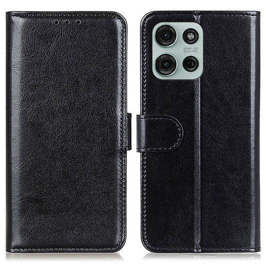 For Motorola Moto G75 5G Case Crazy Horse Texture PU Leather Phone Stand Cover - Black