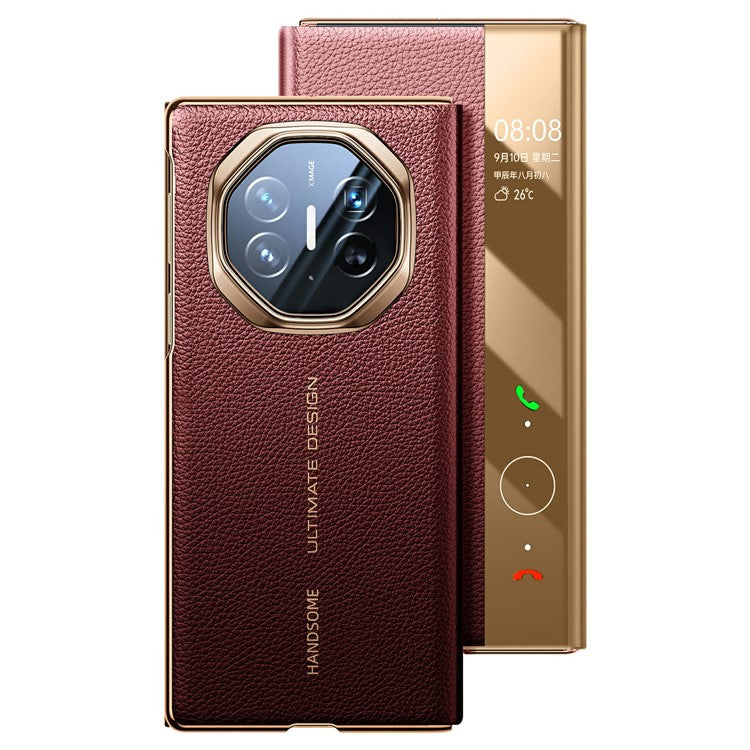 For Huawei Mate XT Ultimate Case View Window Genuine Cow Leather Smart Phone Cover - Red+Gold