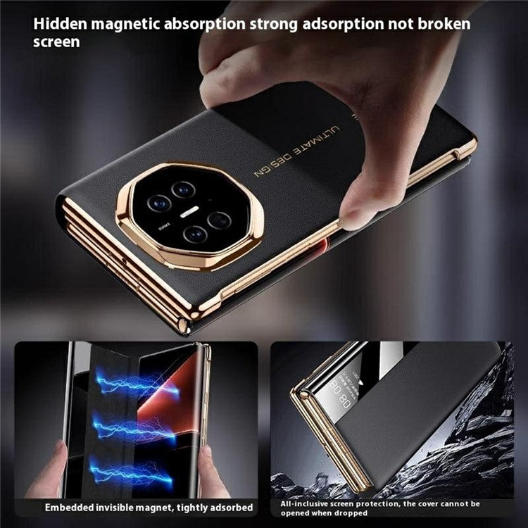 For Huawei Mate XT Ultimate Case View Window Genuine Cow Leather Smart Phone Cover - Red+Gold