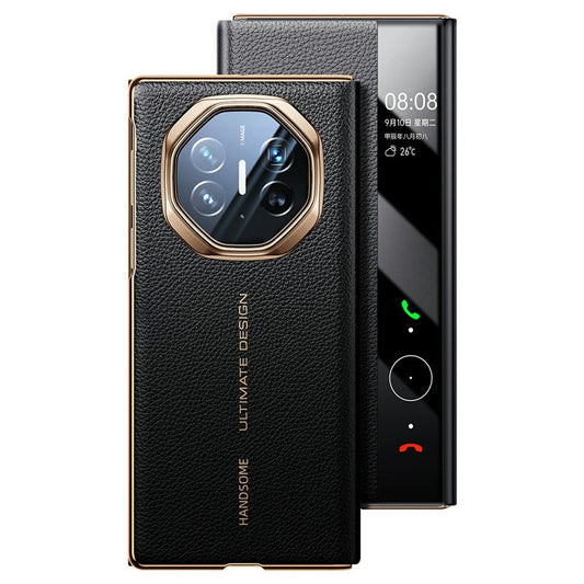For Huawei Mate XT Ultimate Case View Window Genuine Cow Leather Smart Phone Cover - Black
