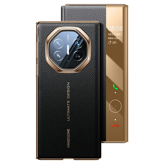 For Huawei Mate XT Ultimate Case View Window Genuine Cow Leather Smart Phone Cover - Black+Gold
