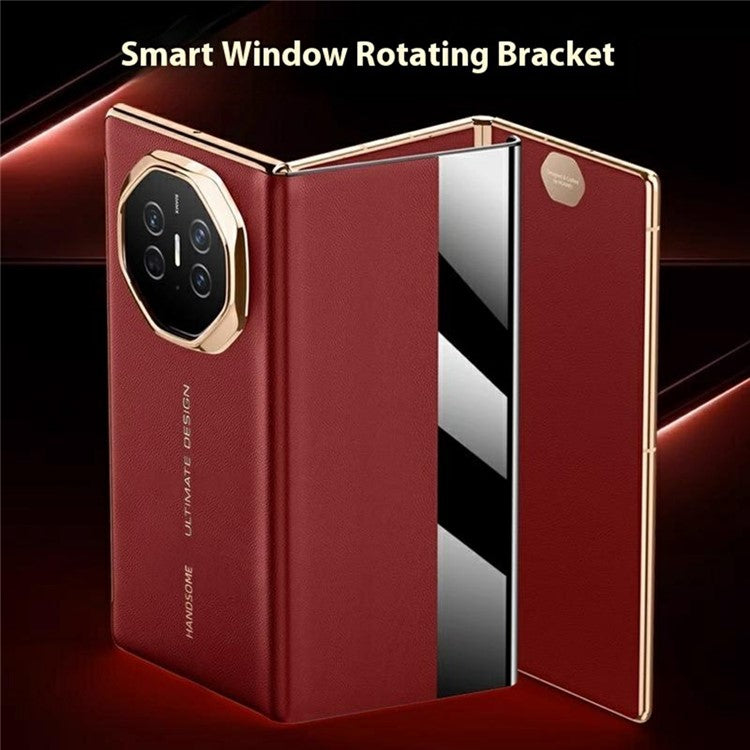 For Huawei Mate XT Ultimate Case View Window Genuine Cow Leather Smart Phone Cover - Black+Gold