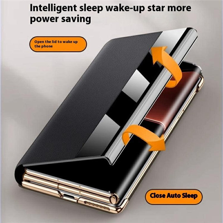 For Huawei Mate XT Ultimate Case View Window Genuine Cow Leather Smart Phone Cover - Black+Gold