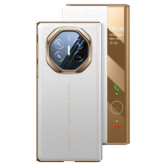 For Huawei Mate XT Ultimate Case View Window Genuine Cow Leather Smart Phone Cover - White+Gold