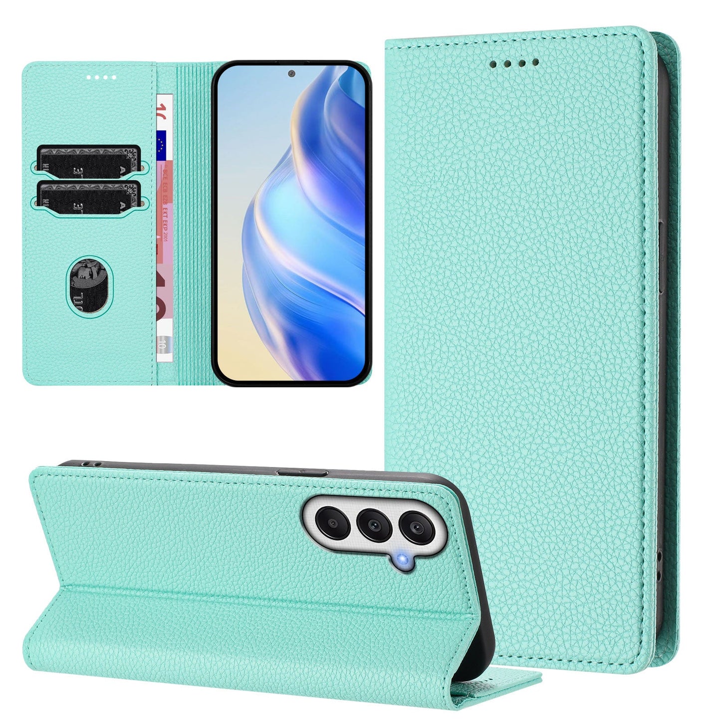 For Samsung Galaxy A56 5G Wallet Case RFID Blocking Litchi Texture Leather Mobile Cover - Mint Green
