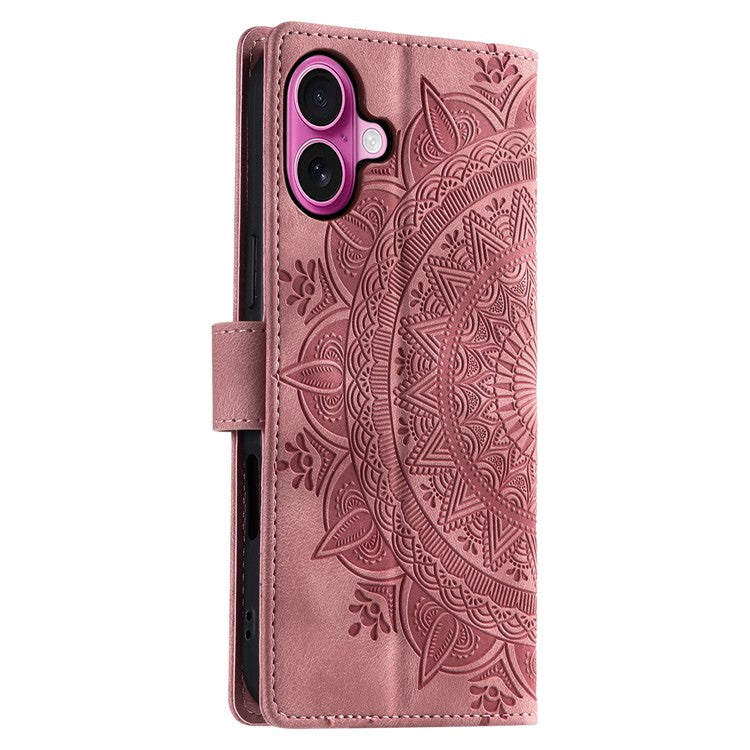 Style 018 For iPhone 16 Plus Case Imprinted Totem Skin Feel Wallet Leather Phone Cover - Rose Gold