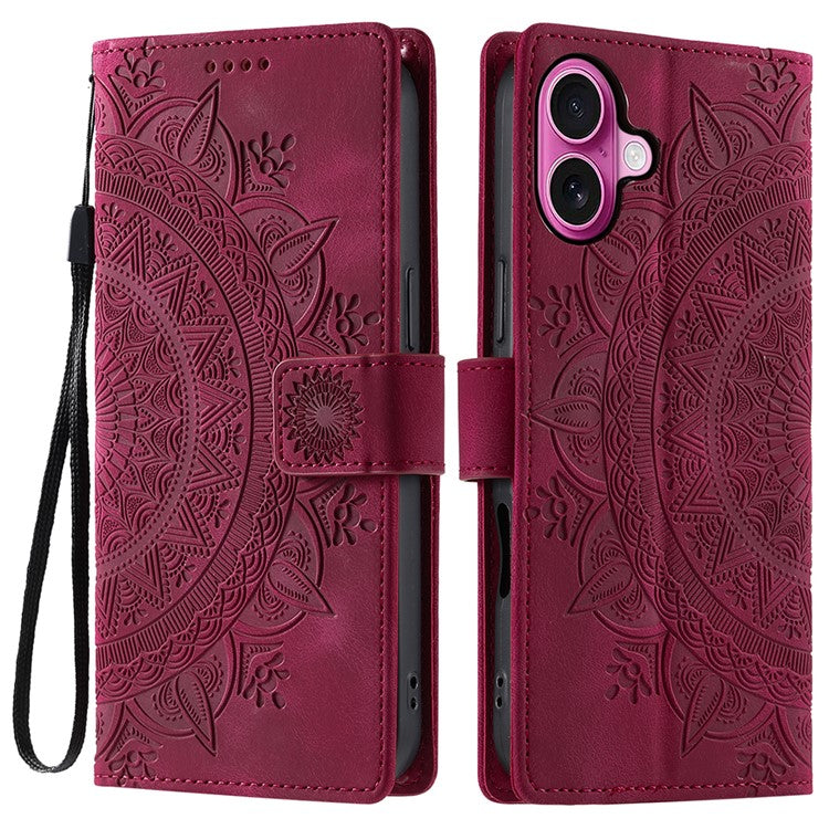 Style 018 For iPhone 16 Plus Case Imprinted Totem Skin Feel Wallet Leather Phone Cover - Rose