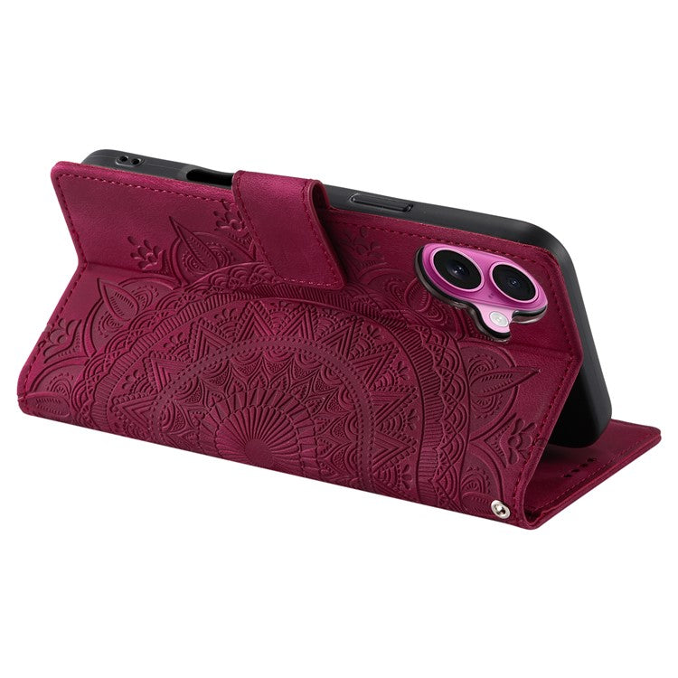 Style 018 For iPhone 16 Plus Case Imprinted Totem Skin Feel Wallet Leather Phone Cover - Rose