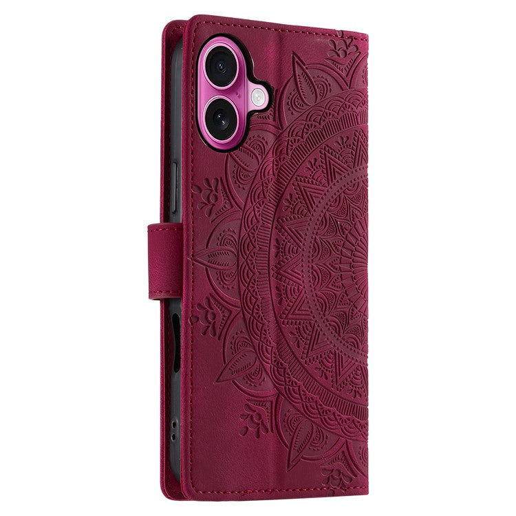 Style 018 For iPhone 16 Plus Case Imprinted Totem Skin Feel Wallet Leather Phone Cover - Rose