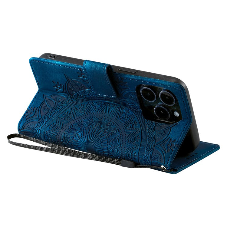 Style 018 For iPhone 16 Pro Case Imprinted Totem Skin Feel Wallet Leather Phone Cover - Blue