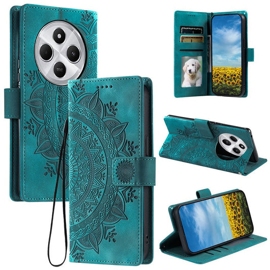 Style 018 Phone Case For Xiaomi Redmi 14C 4G / 14R 5G / Poco C75 4G Imprinted Totem Skin Feel Wallet Leather Cover - Mint Green