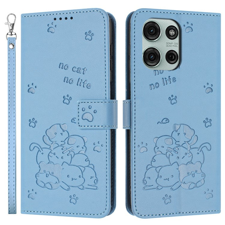 For Motorola Moto G75 5G Case with Strap Cats Imprint Leather Wallet Phone Cover - Blue