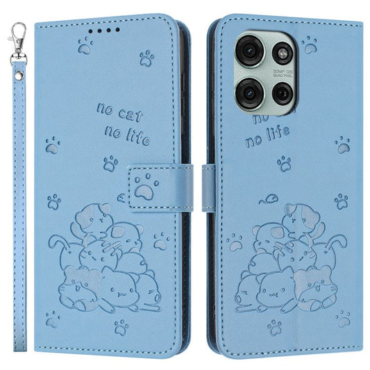 For Motorola Moto G75 5G Case with Strap Cats Imprint Leather Wallet Phone Cover - Blue