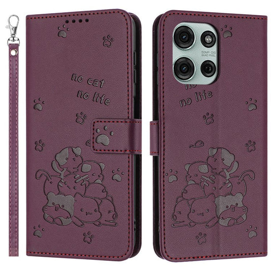 For Motorola Moto G75 5G Case with Strap Cats Imprint Leather Wallet Phone Cover - Wine Red