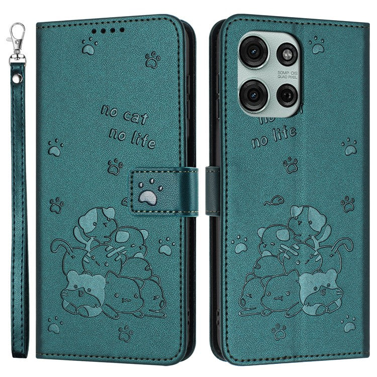 For Motorola Moto G75 5G Case with Strap Cats Imprint Leather Wallet Phone Cover - Blackish Green
