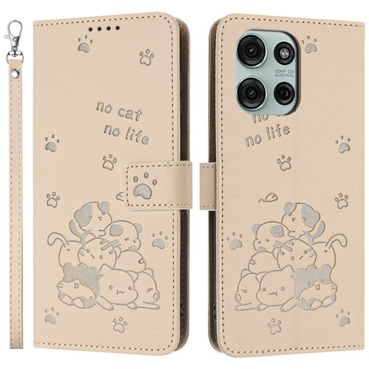 For Motorola Moto G75 5G Case with Strap Cats Imprint Leather Wallet Phone Cover - Beige