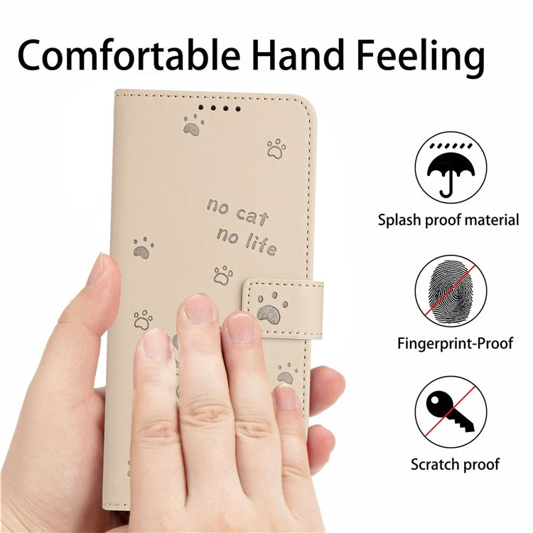 For Motorola Moto G75 5G Case with Strap Cats Imprint Leather Wallet Phone Cover - Beige