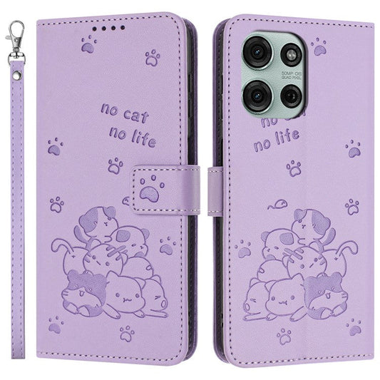 For Motorola Moto G75 5G Case with Strap Cats Imprint Leather Wallet Phone Cover - Purple