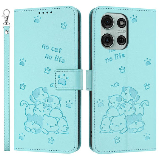 For Motorola Moto G75 5G Case with Strap Cats Imprint Leather Wallet Phone Cover - Green