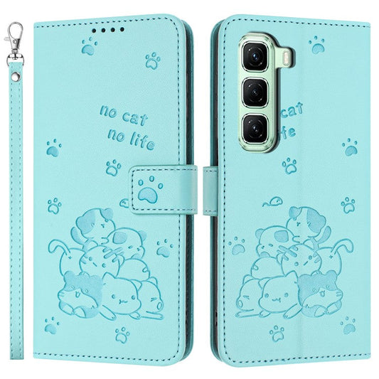 For Infinix Hot 50 Pro+ 4G Case with Strap Cats Imprint Leather Wallet Phone Cover - Green