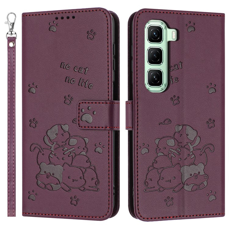 For Infinix Hot 50 Pro+ 4G Case with Strap Cats Imprint Leather Wallet Phone Cover - Wine Red